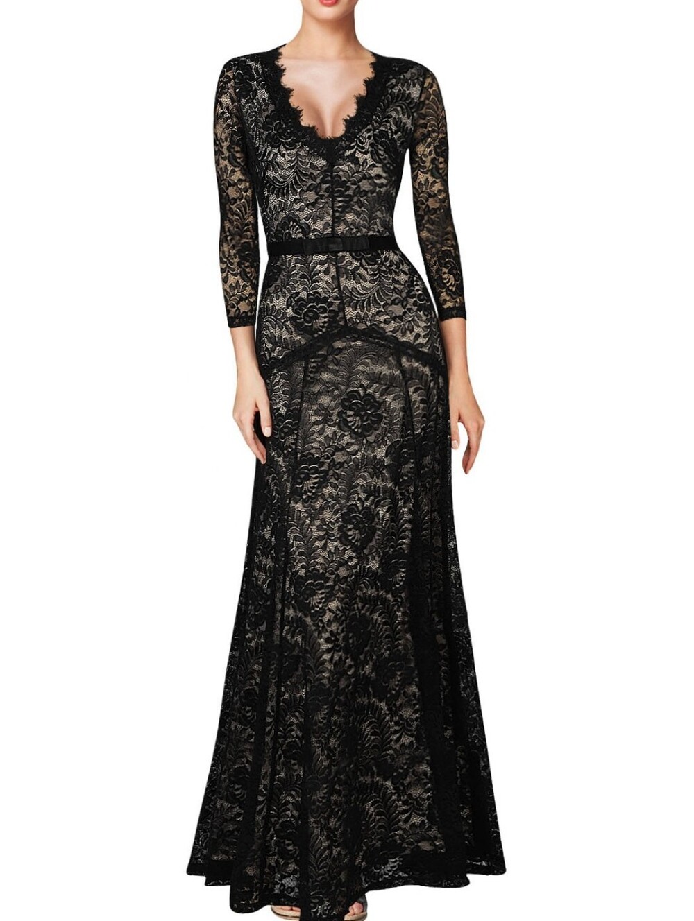 MIUSOL Black Floral Lace V Neck Maxi Dress Bow Waist Size Large Gown